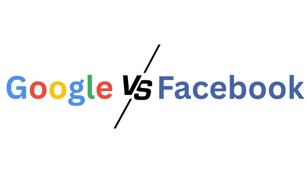 A graphic with the text "Google vs Facebook" on a white background, used to compare Facebook ads vs Google ads. The word "Google" is in its multicolored logo style (blue, red, yellow, green), while "Facebook" is in solid blue. A black diagonal slash separates the two, symbolizing a comparison between the two advertising platforms.